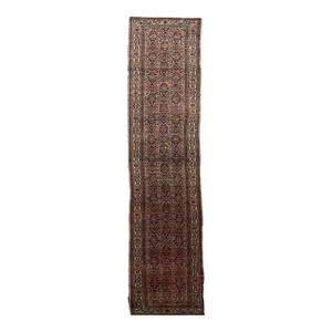 1940s Coral & Glowinng Blush with Indigo & Army Green Runner Rug 2.8 x 19.7