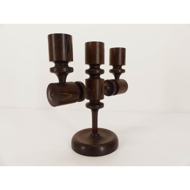 Brutalist candle holder 3 lights in exotic wood. Very good condition. Circa: 1960-1970 Height: 27 cm / 10.6 In. Width: 26...