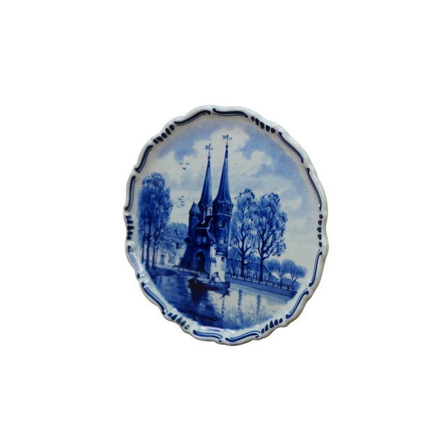 Gothic Antique Dutch Delft Hand Painted Blue & White Plate Oostpoort Water Cityscape 6" For Sale - Image 3 of 8