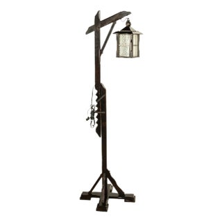 Antique Mission Arts Crafts Carved Oak Adjustable Floor Lamp Glass Lantern 1930 For Sale