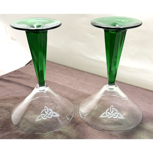 Glass Vintage Martini/Cocktail Glasses With Etched Design and Green Stems - A Pair For Sale - Image 7 of 8