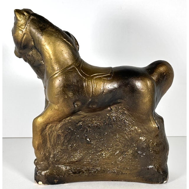 Sculpture Materials Gilded Chalkware Equestrian Mantel Piece With Child & Dog, c.1930-1940s For Sale - Image 7 of 13