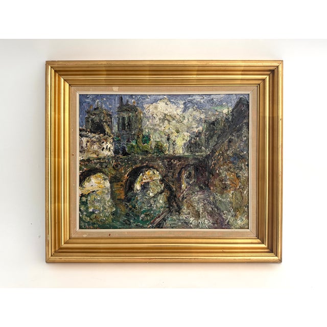 Wood Mid-Century Parisian Cityscape of Pont Neuf & Notre Dame by Einer Johansen (Danish 1893-1965) For Sale - Image 7 of 9