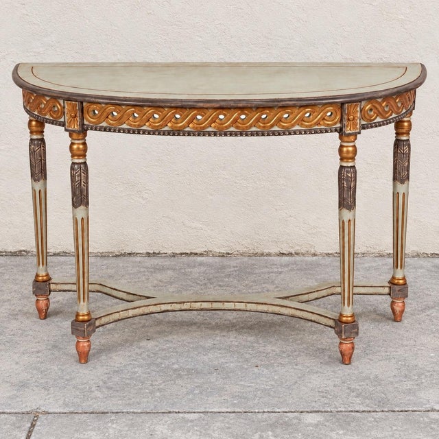 Wood Mid-Century Italian Neoclassical Painted and Gilt Demilune Console Table For Sale - Image 7 of 7