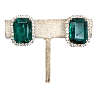 Vintage 1980s Signed Les Bernard Faux-Emerald & Clear Rhinestone Clip Earrings-2 Pieces For Sale