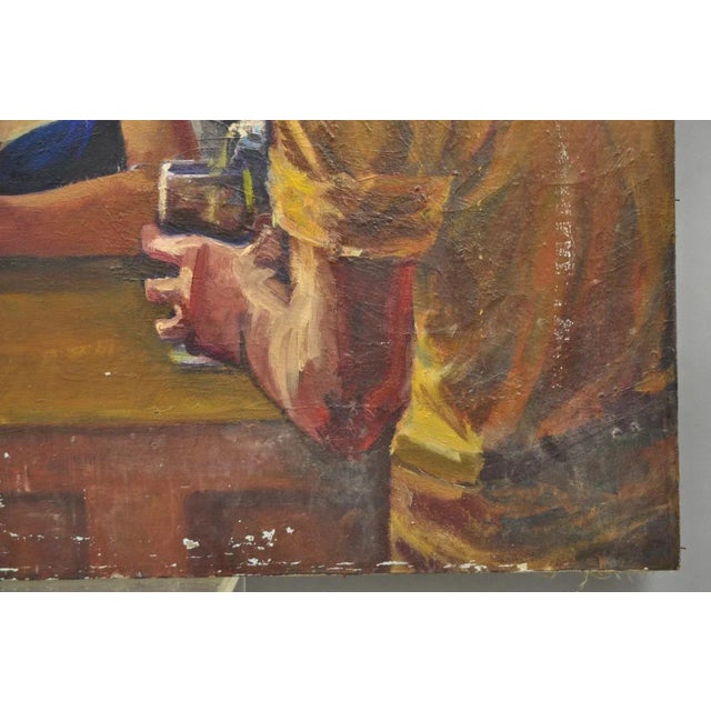 Wood Vintage Patricia Stone "The Bar" Large Oil on Canvas Art Deco Painting, Signed For Sale - Image 7 of 14
