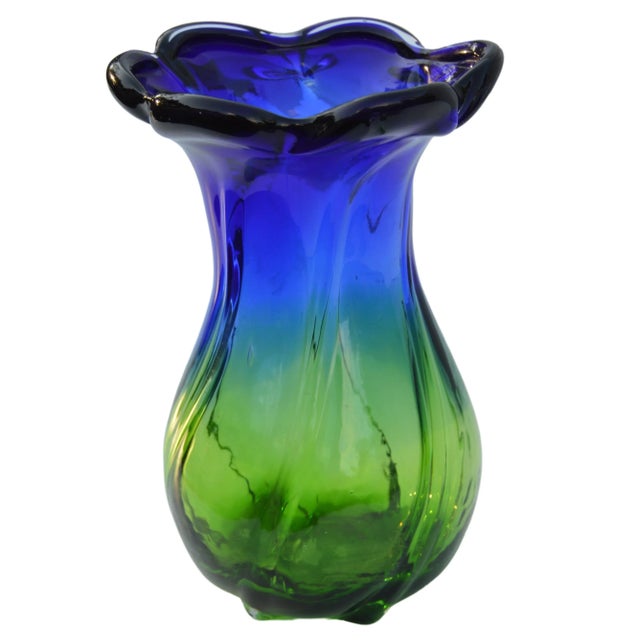 Traditional Mid-Century Handmade Blue & Green Glass Vase For Sale - Image 3 of 11