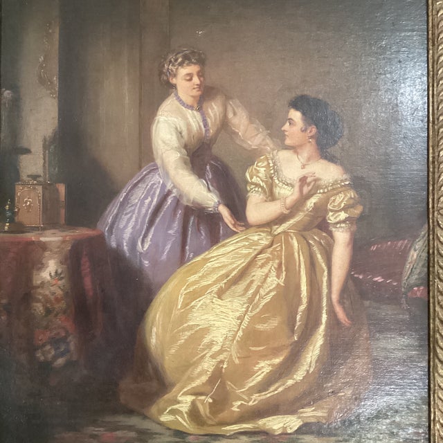 This antique painting on canvas depicts an interior scene with two women, showcasing intricate portraiture style. The...