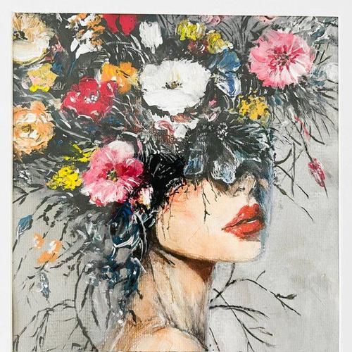 This expressive acrylic painting depicts a stylish and mysterious portrait of a woman. Her face subtly blends into a lush,...