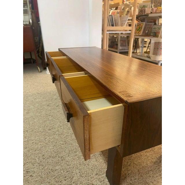 1970s 1970s Imported Vintage Danish Modern Walnut Toned Low Console Coffee Table With Wood Inlay. For Sale - Image 5 of 8