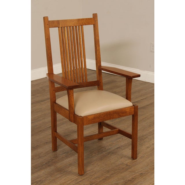 Mission Stickley Mission Collection Pair of Oak Spindle Dining Armchairs For Sale - Image 3 of 12