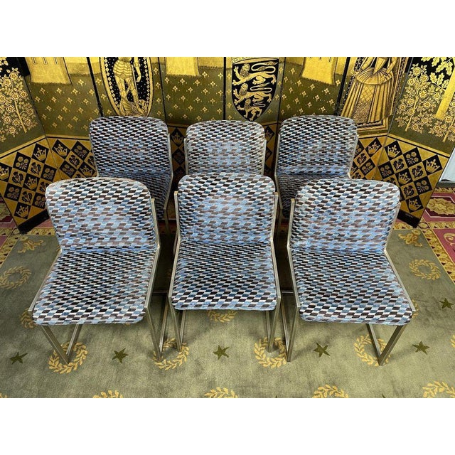 Blue Stainless Steel and Velvet Chairs, 1970s, Set of 6 For Sale - Image 8 of 9