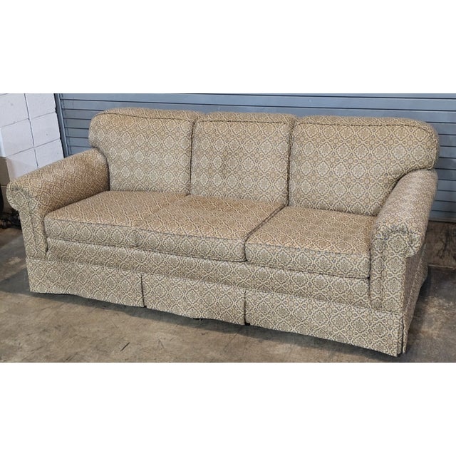 Late 20th Century Late 20th Century Baker Furniture Rolled Arm Sofa Three Cushions Skirted Base Blue and Gold Fabric For Sale - Image 5 of 9