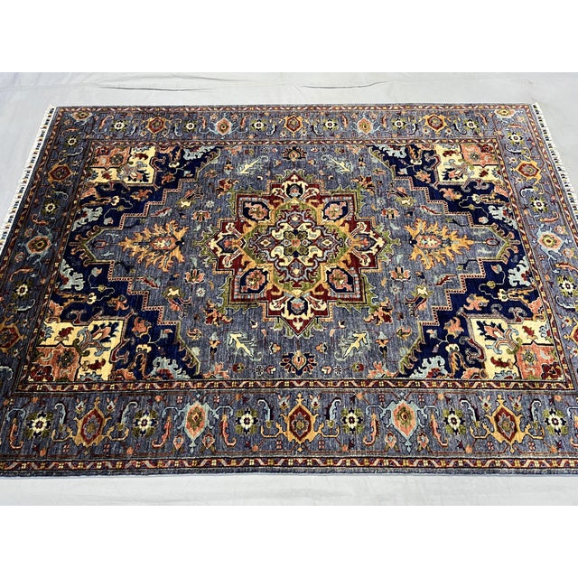 Art Deco Blue Afghan Sultani Natural Dye Wool Rug, Persian Heriz Medallion Design, 5′9″ × 8′ For Sale - Image 3 of 14