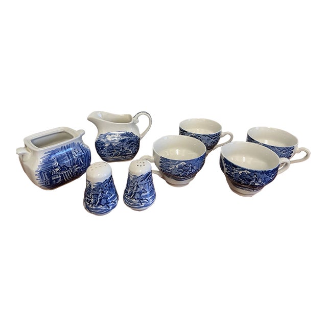 1970s Liberty Blue Betsy Ross England 8 Pc Lot Cups Creamer Sugar Salt Pepper For Sale
