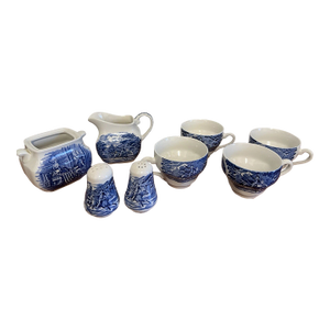 1970s Liberty Blue Betsy Ross England 8 Pc Lot Cups Creamer Sugar Salt Pepper