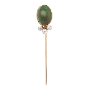 Antique Signed Rees & Son 14k Gold, Diamond, & Green Turquoise Cabochon Stickpin