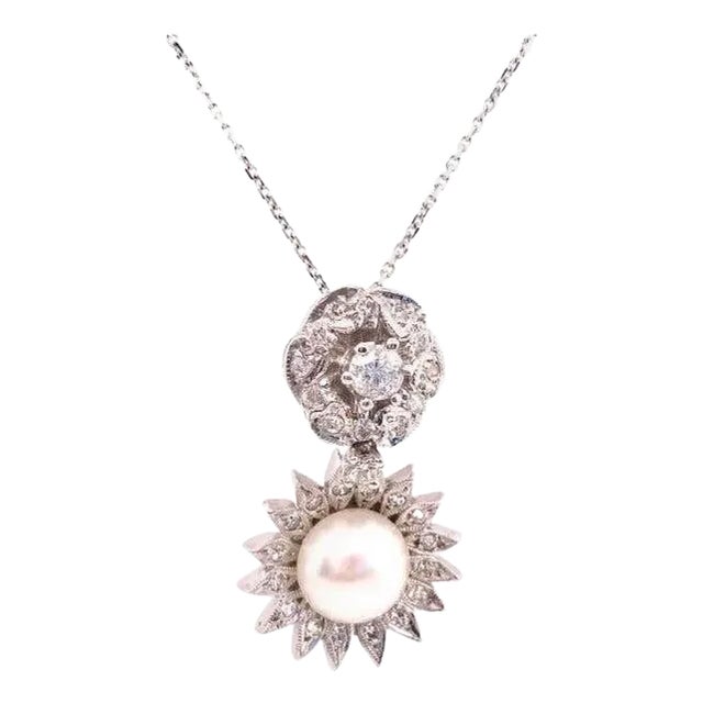14 Karat White Gold Necklace With Diamond and Cultured Pearl Pendant For Sale