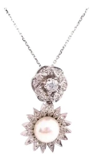 14 Karat White Gold Necklace With Diamond and Cultured Pearl Pendant