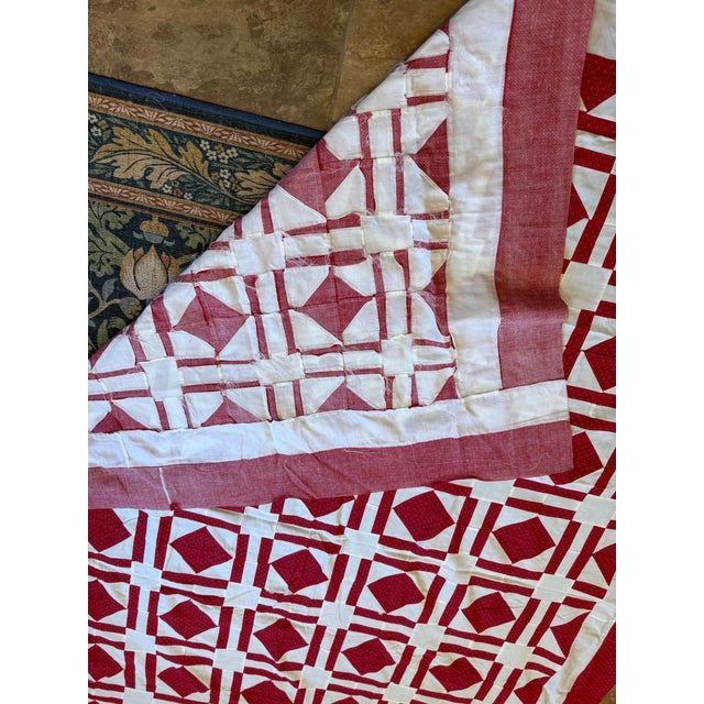 Vintage Red White Quilt Top Only Diamond Pattern 68x93 For Sale - Image 6 of 10