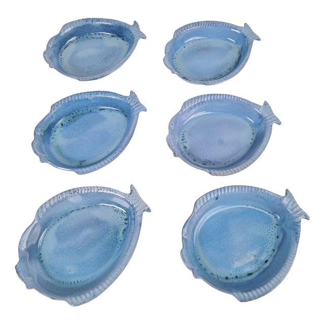 Blue Ceramic Fish Plates by Aimé De Grimaud, France, 1970, Set of 6 For Sale