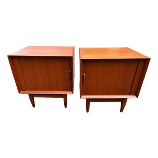 Danish Teak Tambour Door Nightstands by Falster - A Pair For Sale