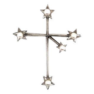 1990s Mikimoto Estate Akoya Pearl Cross Brooch Sterling Silver For Sale
