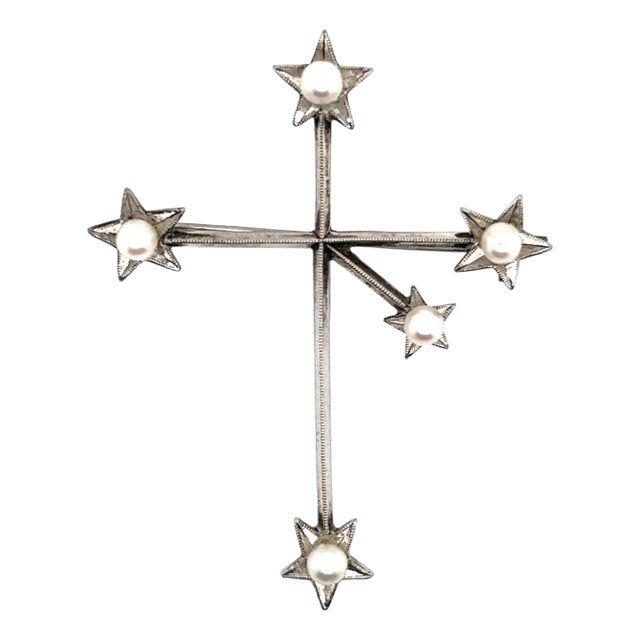 1990s Mikimoto Estate Akoya Pearl Cross Brooch Sterling Silver For Sale