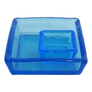 Vintage Square Trinket Trays in Thick Turquoise Bubble Glass, 1960s, Set of 2 For Sale