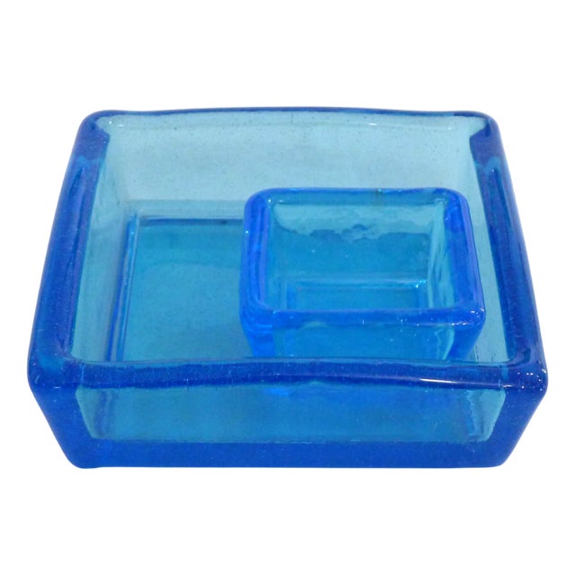 Vintage Square Trinket Trays in Thick Turquoise Bubble Glass, 1960s, Set of 2 For Sale