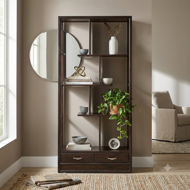 1990s Asian Inspired Asymmetrical Dark Brown Shelving Display Cabinet Divider For Sale - Image 5 of 12