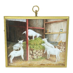 Miniature Signed Vintage English Countryside Goat Painting, 1993