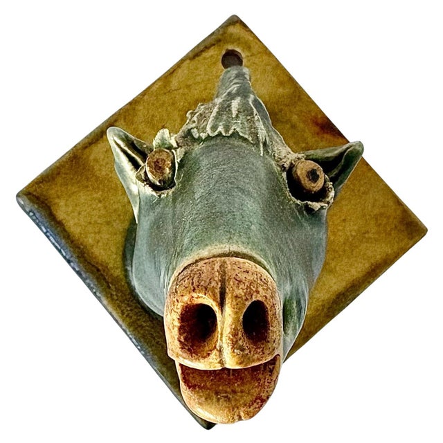 Ceramic pottery green horse wall sculpture. Unmarked, yet attributed to 9 Pines Art, a collaboration between Sergei Isupov...