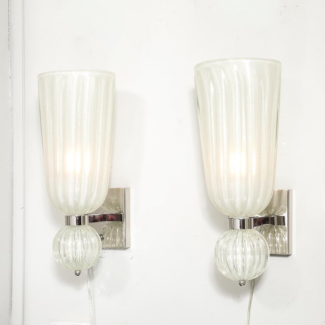 Modernist Hand-Blown Fluted 24k White Gold Fleck Murano Glass & Nickel Sconces For Sale - Image 4 of 13