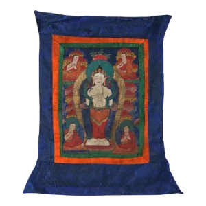 Antique Tibetan Hand Painted Silk and Canvas Thangka with Figures, Circa 1920