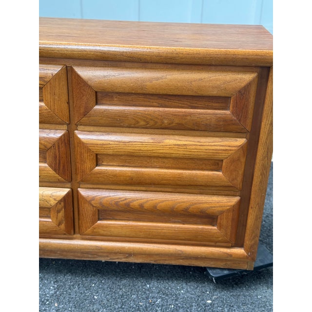 Vintage Bassett Sculptural Oak Nine-Drawer Dresser For Sale - Image 9 of 12