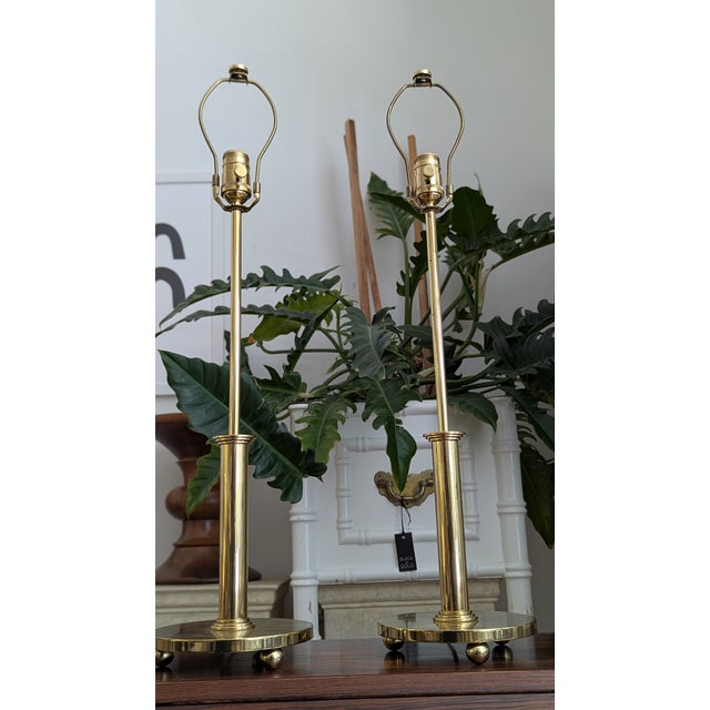 Polished Brass Mid-Century Modern Table Lamps (Pair) With Stepped Base For Sale - Image 11 of 11