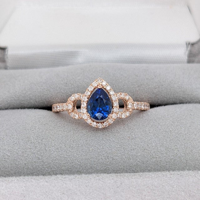 Ceylon Sapphire Diamond Halo Ring: Solid 14k Gold, Pear Shape 6x4mm, Size 6.75 For Sale - Image 4 of 6