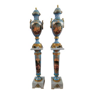 Elegant French Porcelain Vase – Blue & Peach Romantic Scene With Gold Details For Sale