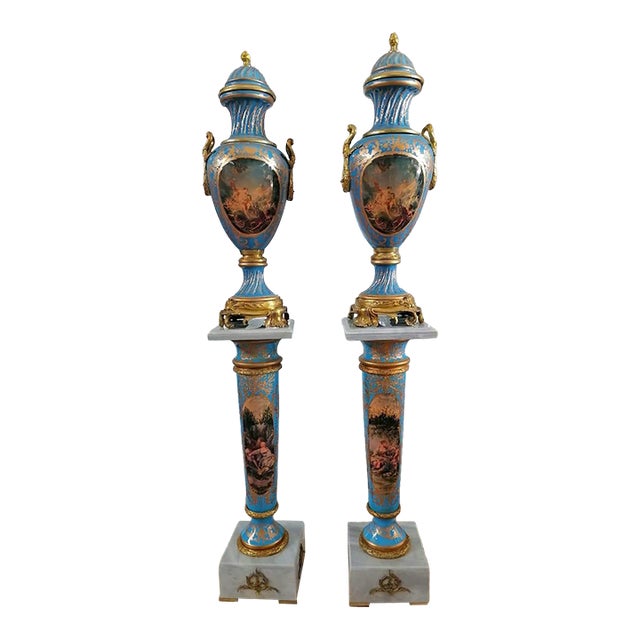 Elegant French Porcelain Vase – Blue & Peach Romantic Scene With Gold Details For Sale