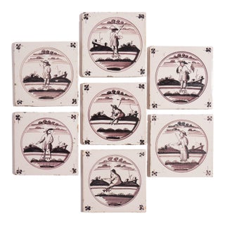 Set of 7 Mulberry Decorated Figural Delft Faience Tiles, C. 1680-1700 For Sale