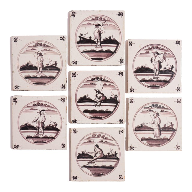 Set of 7 Mulberry Decorated Figural Delft Faience Tiles, C. 1680-1700 For Sale