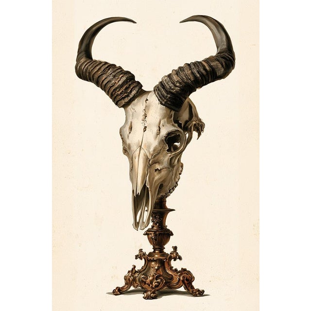 Vintage Bucranium — Natural History Fine Art Print An elegant natural history illustration depicting a horned animal skull...