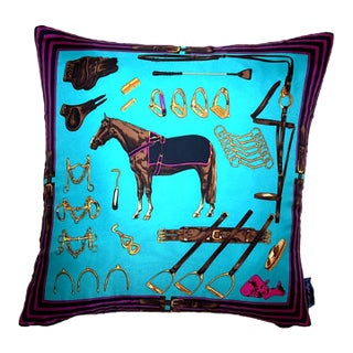 Ralph Lauren Equestrian Turquoise Vintage Silk Scarf Pillow For Sale