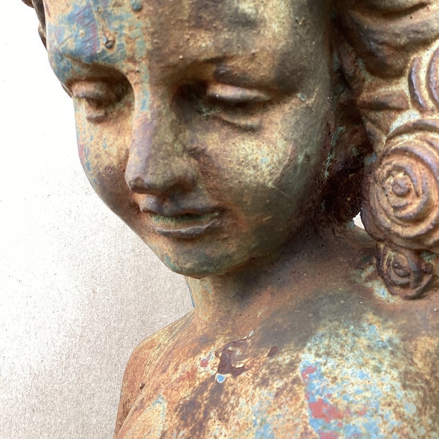 Brown Antique Large Iron Garden Statue " Dancing Nymph With Scarf" on Plinth For Sale - Image 8 of 12