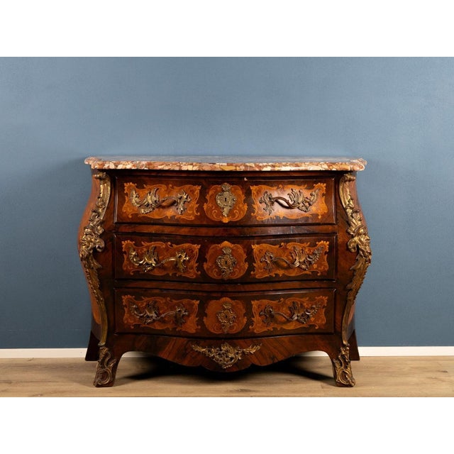 Brown Louis XIV Style Curved Chest of Drawers with Inlays, Gilded Bronze Finishes and Marble Top For Sale - Image 8 of 8