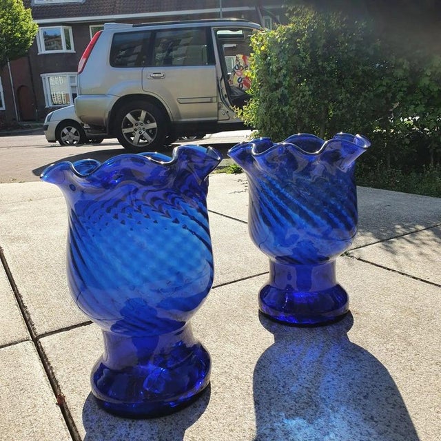 Glass Large Vintage Spanish Cobalt Blue Glass Vases, Set of 2 For Sale - Image 7 of 8