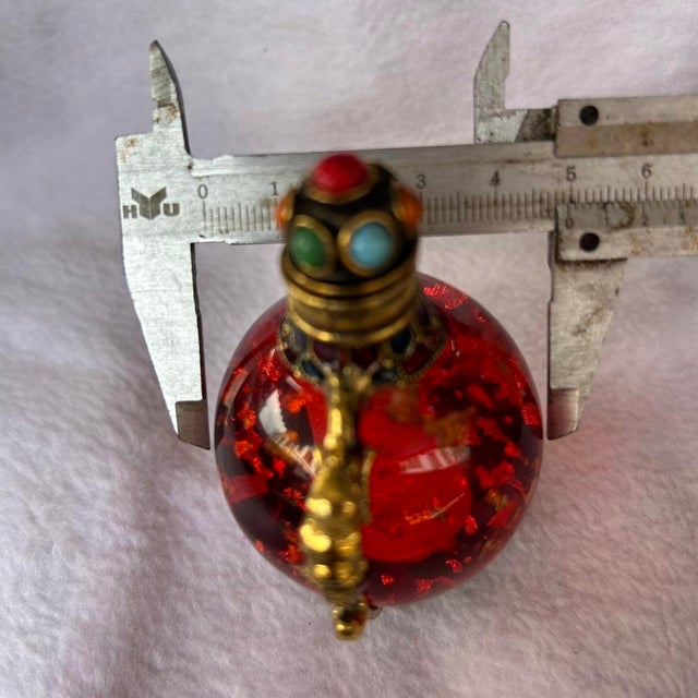 Glass Vintage Red Glass Snuff Bottle — Gilt Bronze Dragon-Handled Moon Flask With Jeweled Stopper and Enamel Mounts For Sale - Image 7 of 8