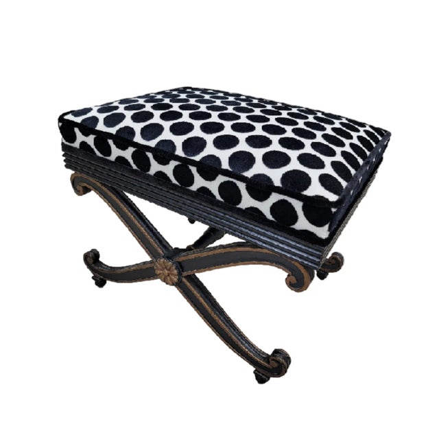Hollywood Regency Vintage French Regency Style Ottomans With Ebonized Scrolled Bases, Newly Reupholstered – Pair For Sale - Image 3 of 7