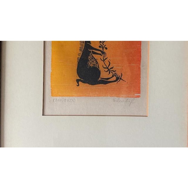 Mid-Century Modern Vintage Helen Siegl Hand-Signed Fine Art Woodcut Print Rangoroo Mid Century Modern Folk Art Whimsical Animal Custom Framed For Sale - Image 3 of 10